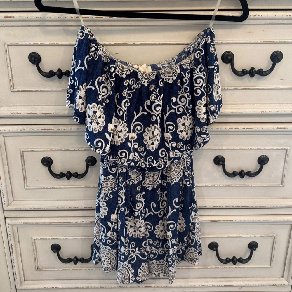 Floral Off-Shoulder Dress in Blue and White